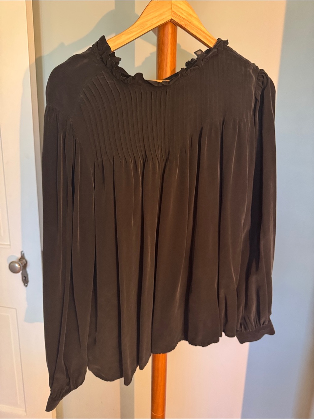 Scotch and Soda Womens Black Pleated Long-Sleeve Ruffle Neck Blouse